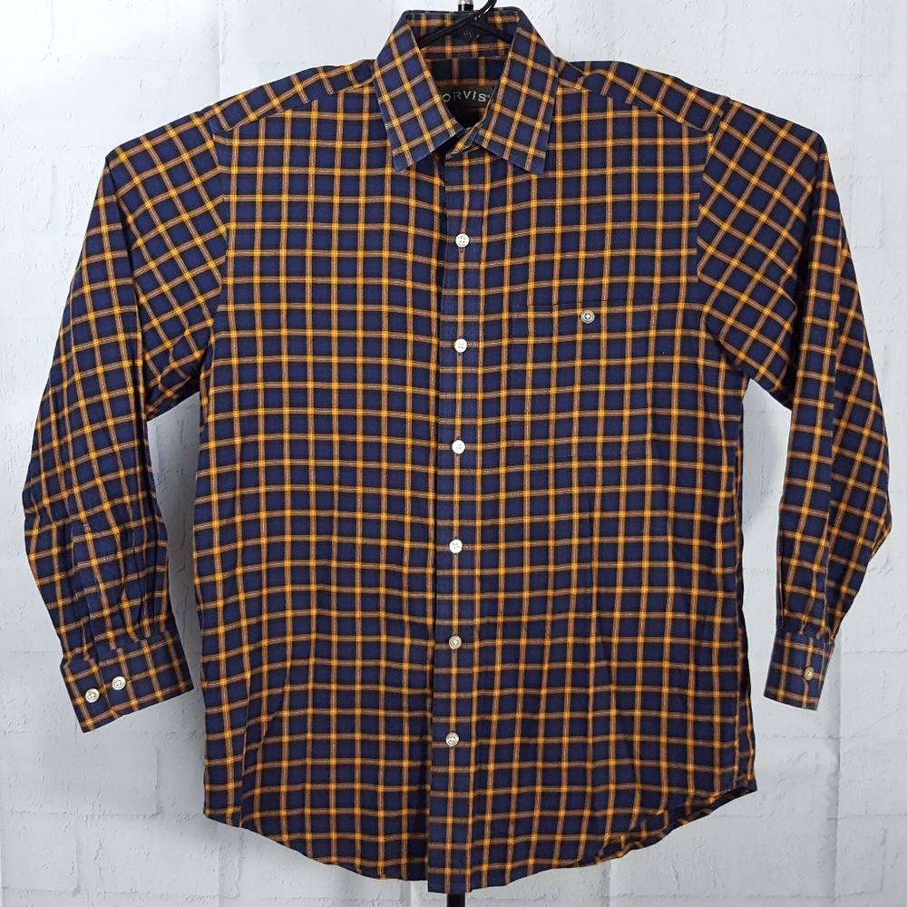Orvis Mens M Blue/Orange Plaid Long Sleeve Shirt